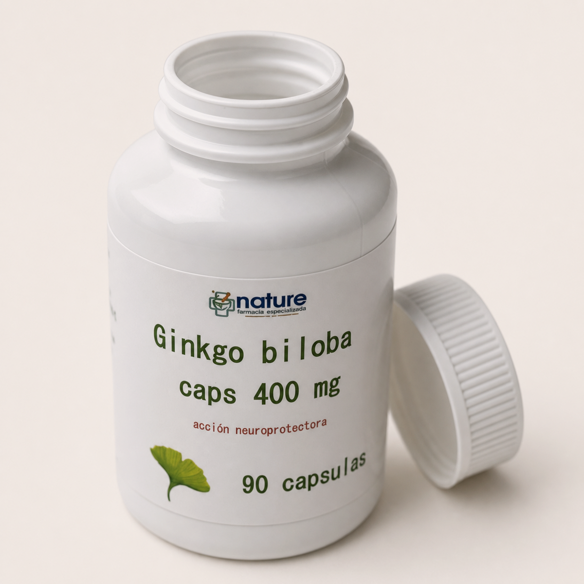 Ginkgo Biloba Caps — el envase abierto, con la tapa al costado