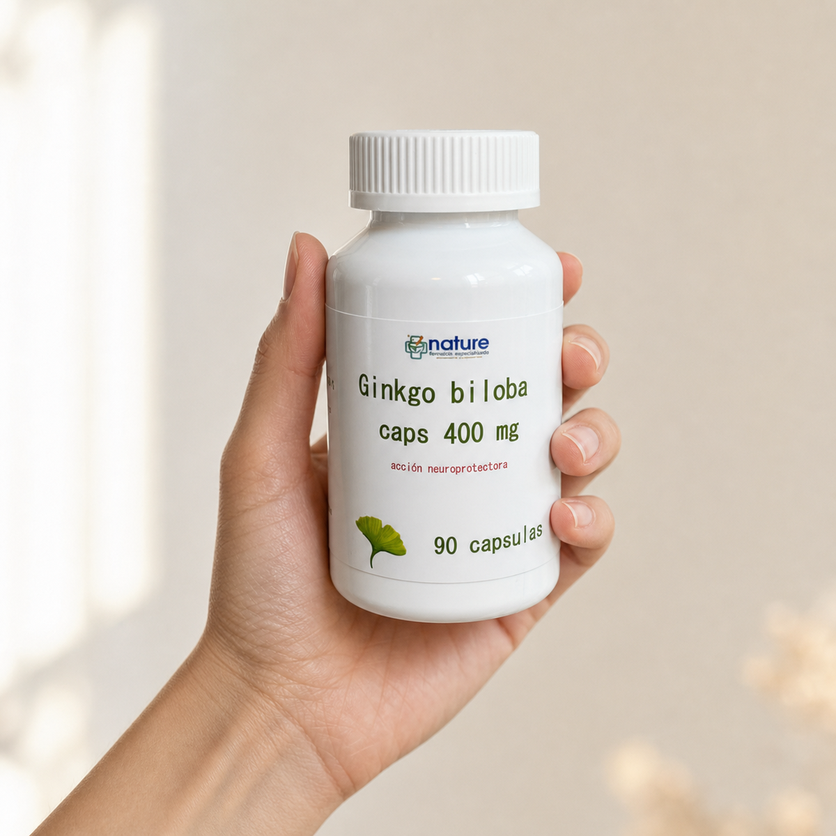 Ginkgo Biloba Caps — el envase sostenido en una mano, para ver su tamaño real