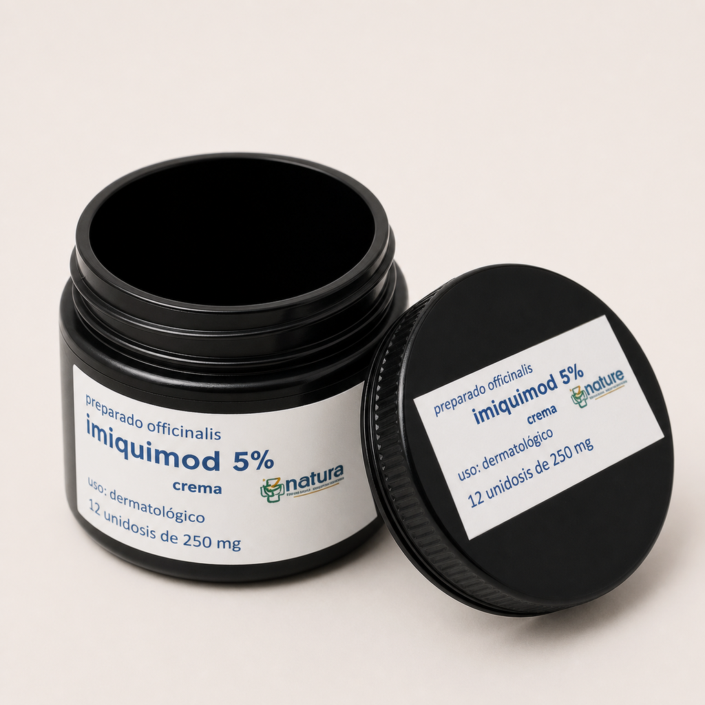 Imiquimod Crema 5% — el envase abierto, con la tapa al costado