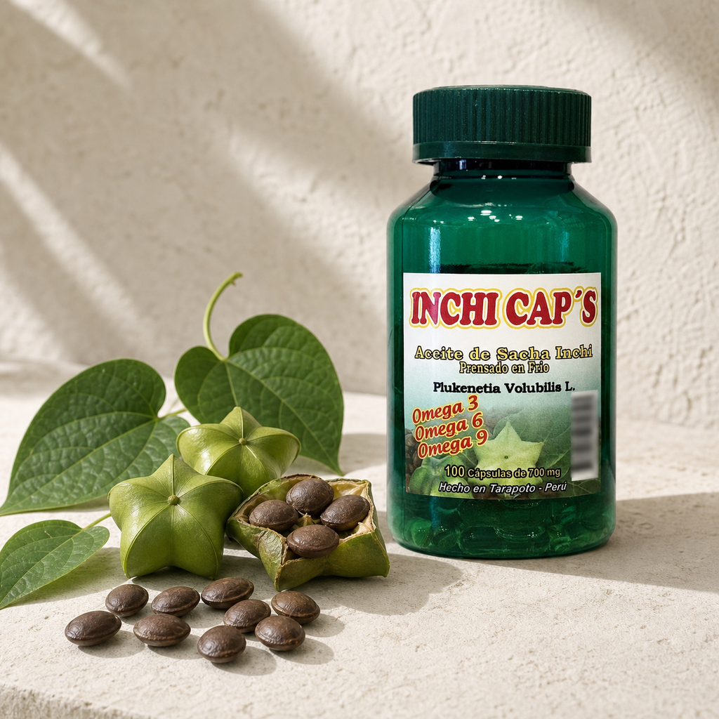 Fruto y semillas de sacha inchi junto al frasco de Inchi Cap's