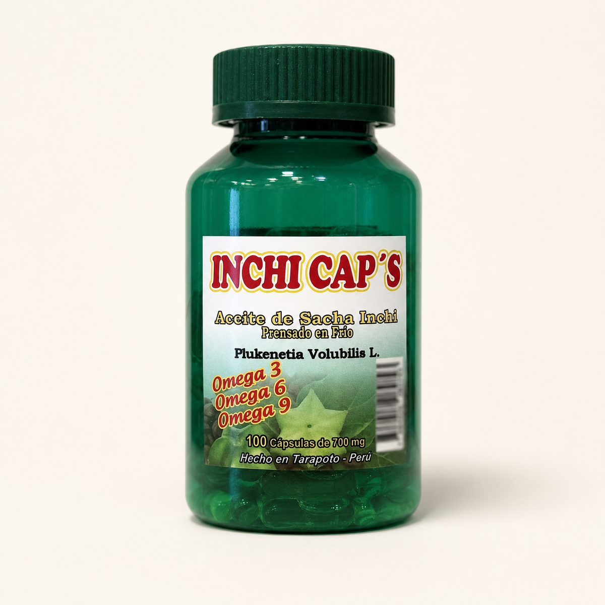 Inchi Cap's — frasco de 100 cápsulas de aceite de sacha inchi, sobre fondo blanco