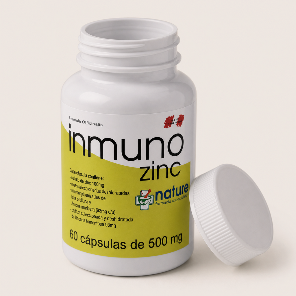 Inmuno Zinc Caps — el envase abierto, con la tapa al costado