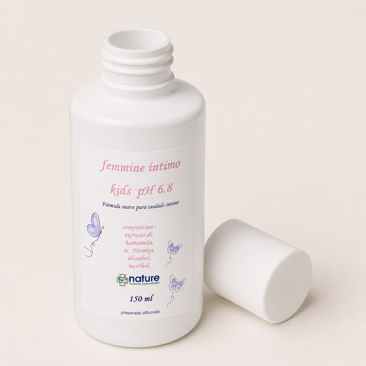 Jabón Íntimo Femmine Kids pH 6.5 — el envase abierto, con la tapa al costado