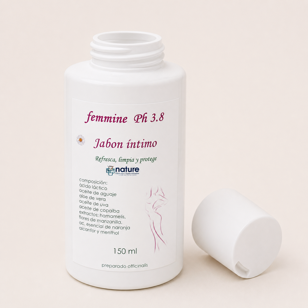Jabón Íntimo Femmine pH 3.5 — el envase abierto, con la tapa al costado