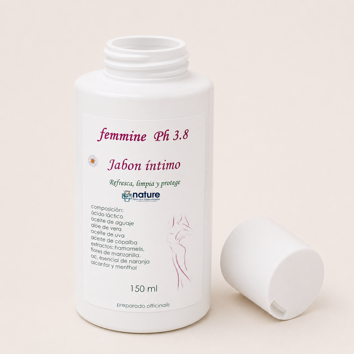 Jabón Íntimo Femmine pH 3.5 — el envase abierto, con la tapa al costado