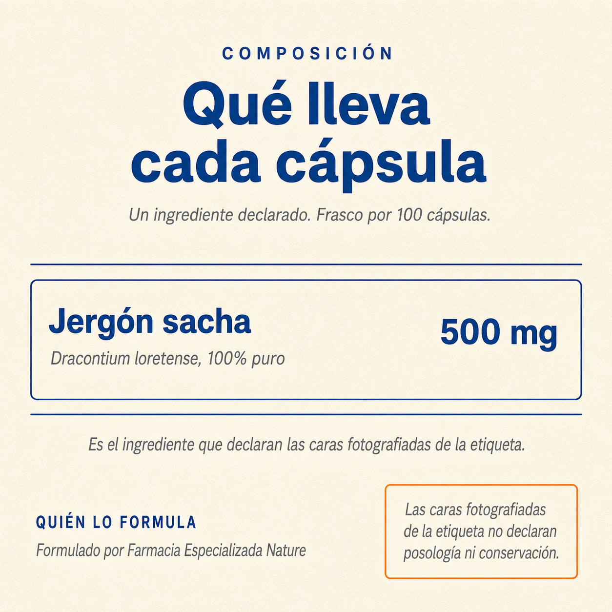 Jergón sacha 500 mg — composición: un ingrediente declarado, 500 mg por cápsula