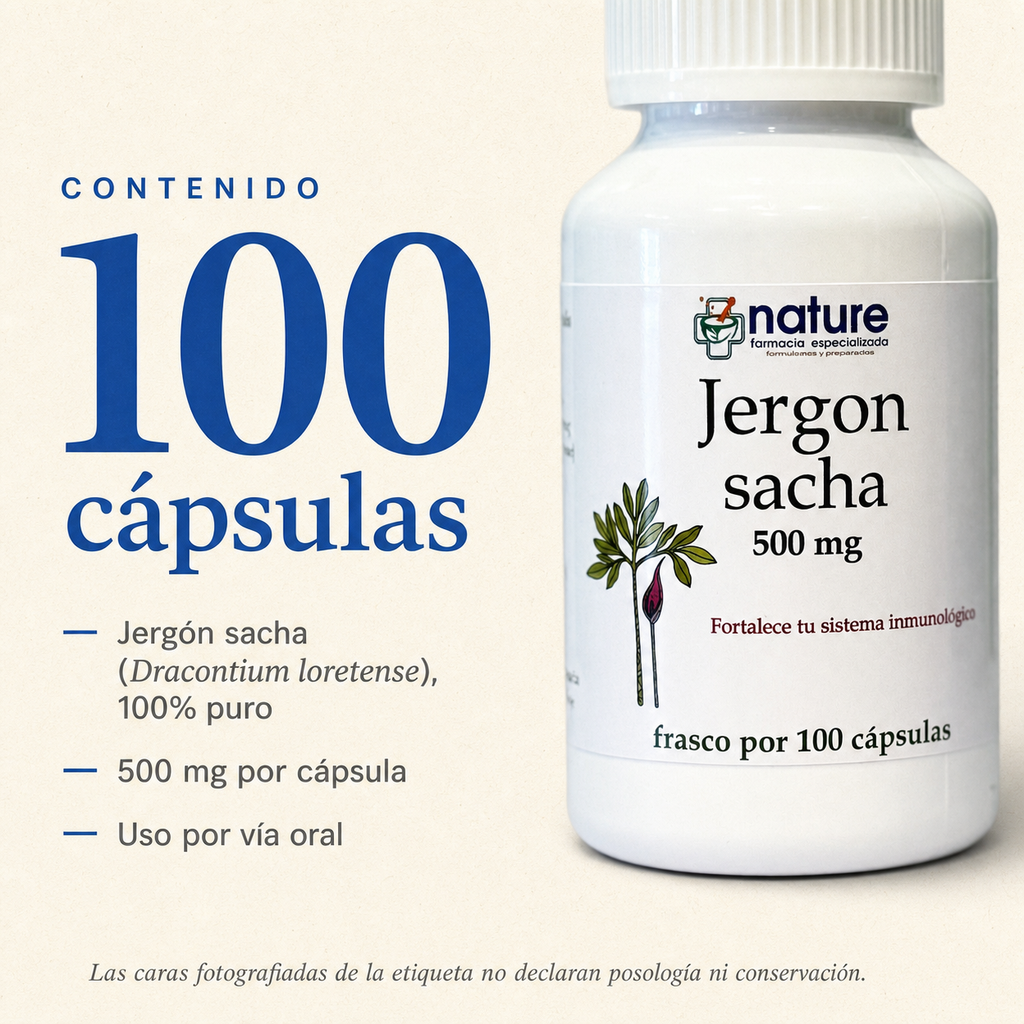 Jergón sacha 500 mg — 100 cápsulas por frasco