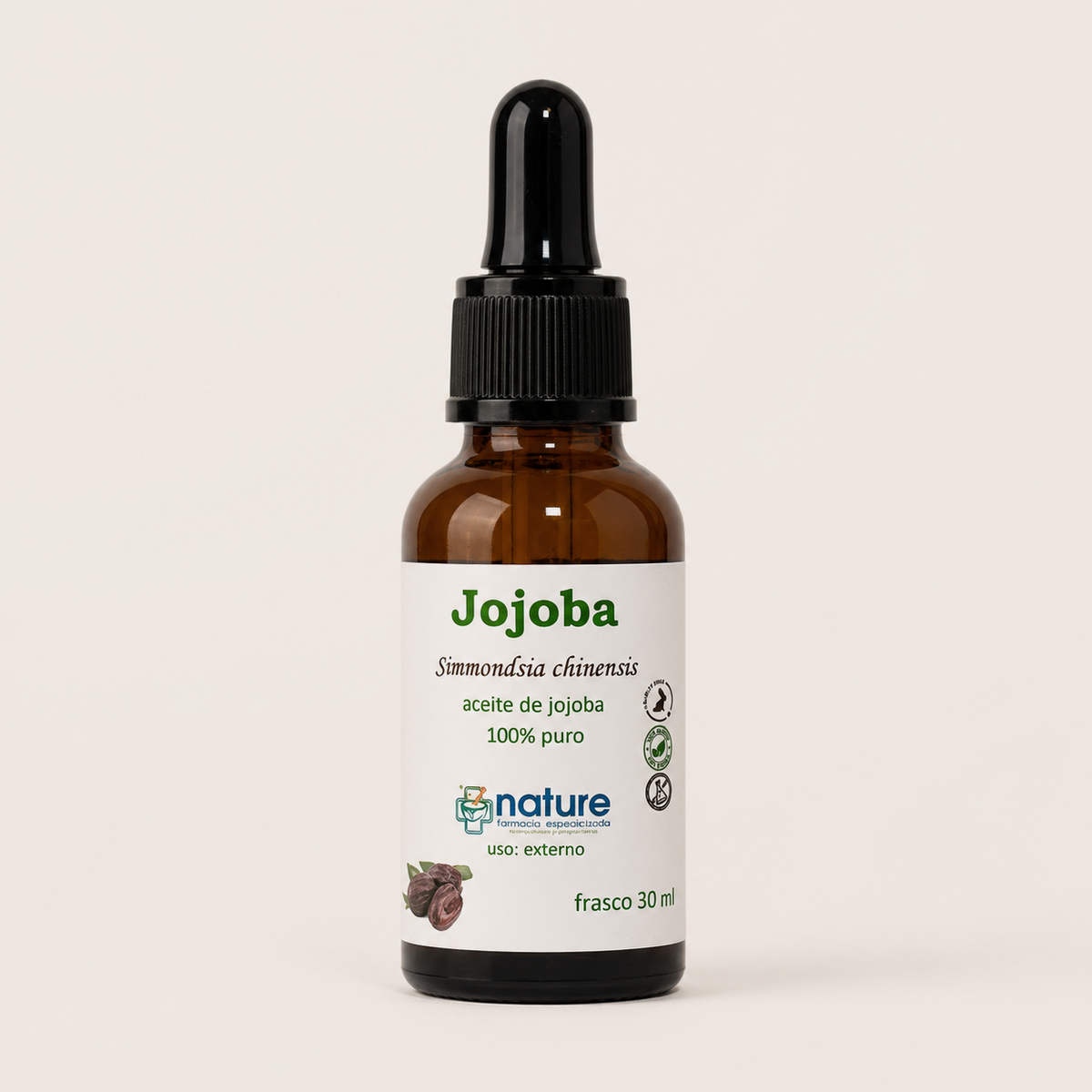 Jojoba – Simmondsia chinensis — el envase sobre fondo claro