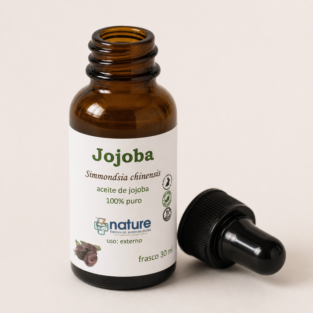 Jojoba – Simmondsia chinensis — el envase abierto, con la tapa al costado