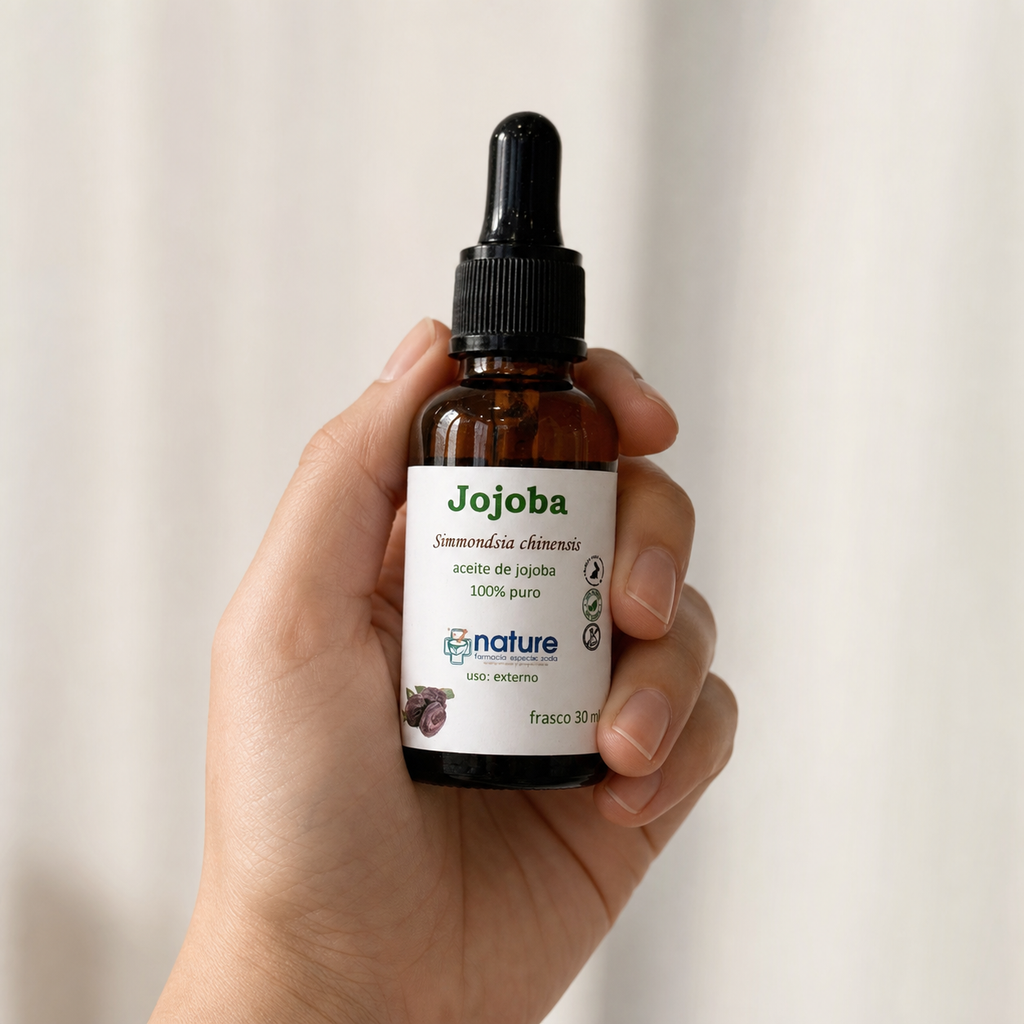 Jojoba – Simmondsia chinensis — el envase sostenido en una mano, para ver su tamaño real