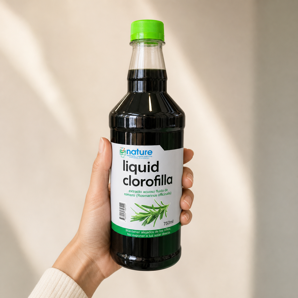 Liquid Clorofilla — el envase sostenido en una mano, para ver su tamaño real