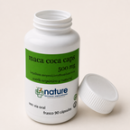 Maca Coca Caps — el envase abierto, con la tapa al costado
