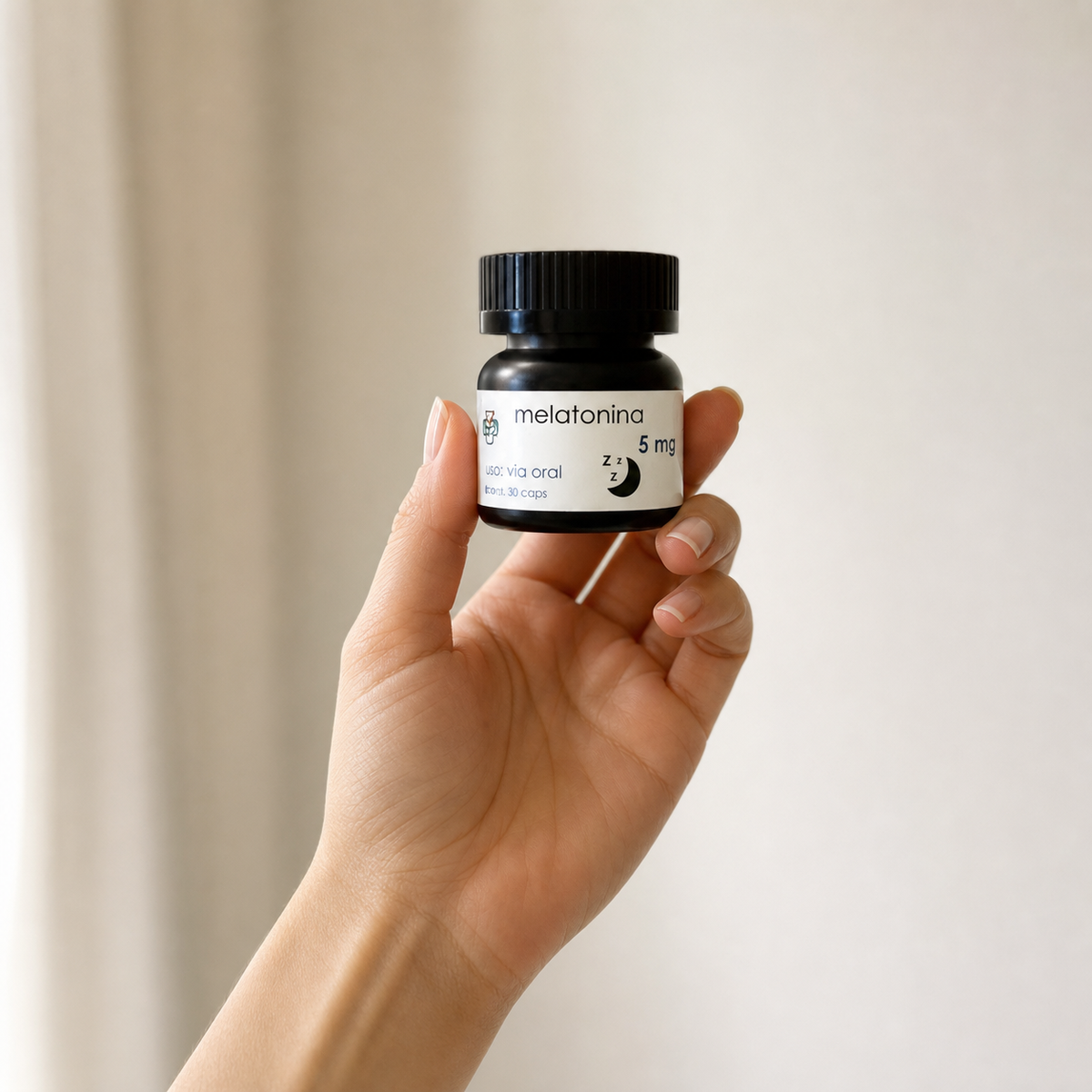 Melatonina – 5 mg — el envase sostenido en una mano, para ver su tamaño real