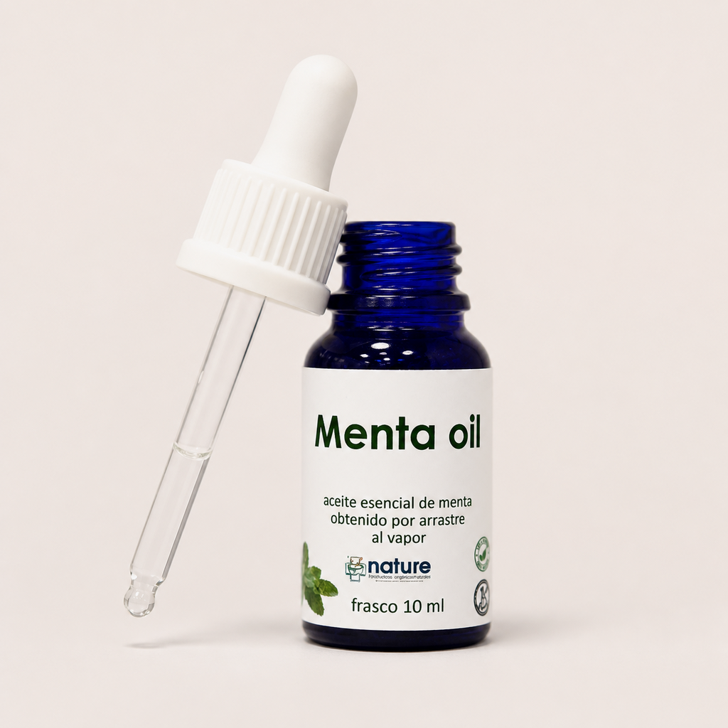 Menta Oil – Aceite esencial de menta — el envase abierto, con el gotero apoyado