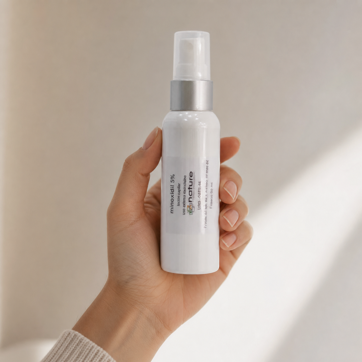 Minoxidil 5% — el envase sostenido en una mano, para ver su tamaño real