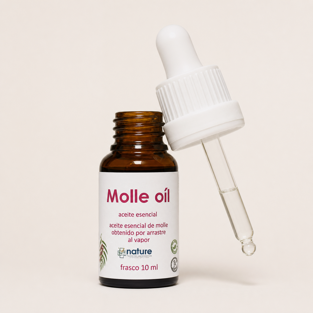 Molle Oil – Aceite esencial de Schinus molle — el envase abierto, con el gotero apoyado