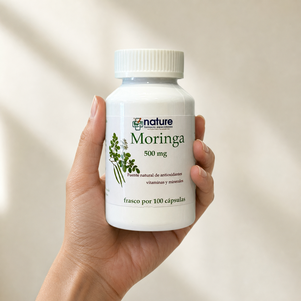 Moringa Caps — el envase sostenido en una mano, para ver su tamaño real