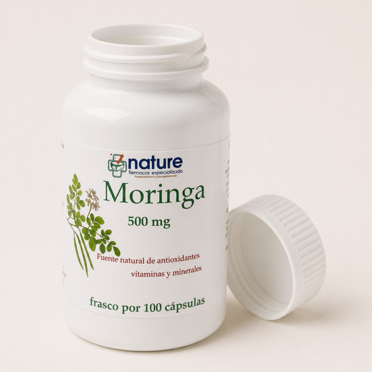 Moringa — el envase abierto, con la tapa al costado