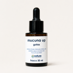 Mucuna Up — frasco de vidrio ámbar de 30 mL con gotero, sobre fondo de estudio hueso