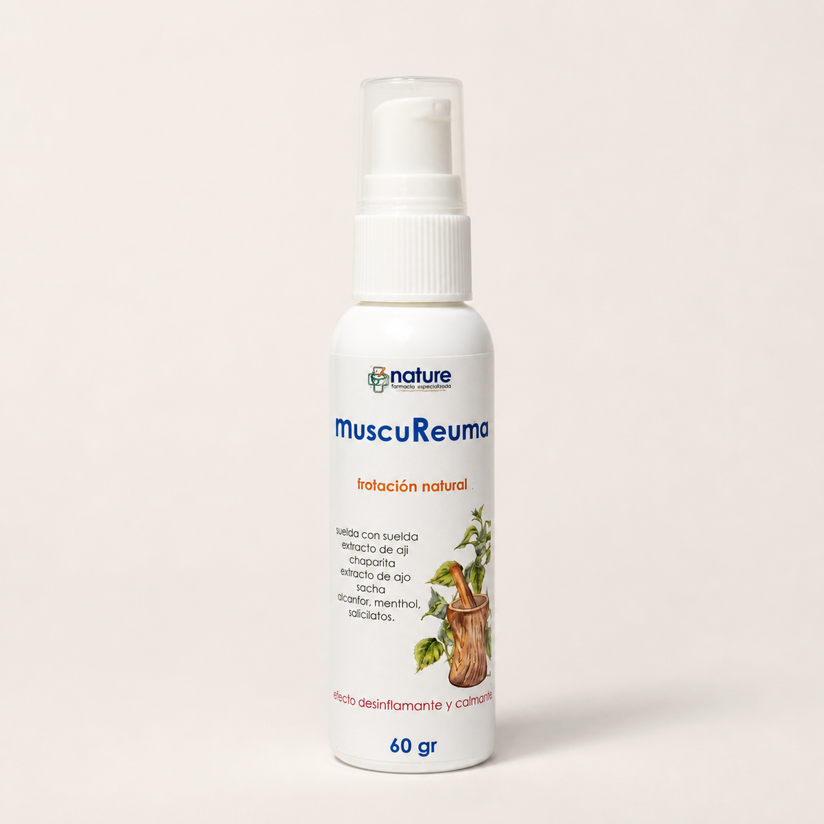 Muscu Reuma — frasco de 60 g con dispensador, sobre fondo blanco