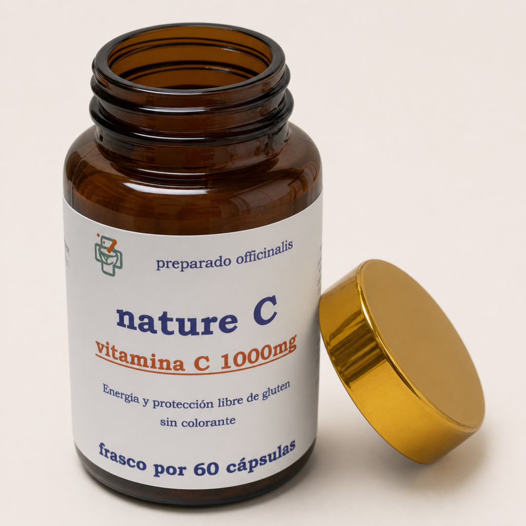Nature C (vitamina C) 1000 mg — el envase abierto, con la tapa al costado