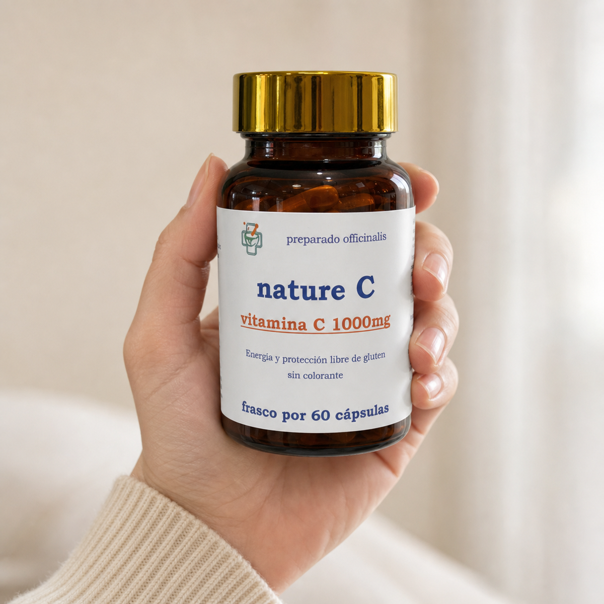 Nature C (vitamina C) 1000 mg — el envase sostenido en una mano, para ver su tamaño real