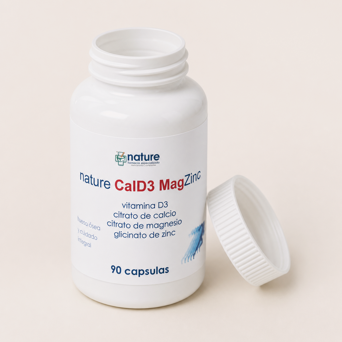 Nature CalD3 (calcio + vitamina D3) — el envase abierto, con la tapa al costado