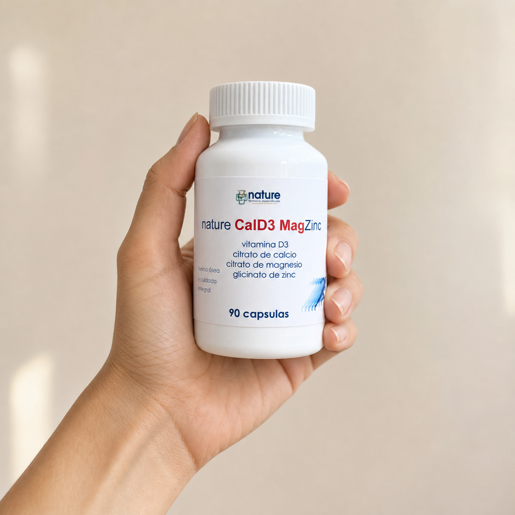 Nature CalD3 (calcio + vitamina D3) — el envase sostenido en una mano, para ver su tamaño real