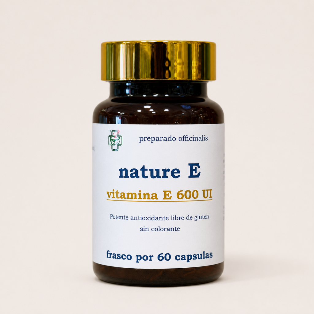 Nature E (vitamina E) 600 UI — el envase sobre fondo claro