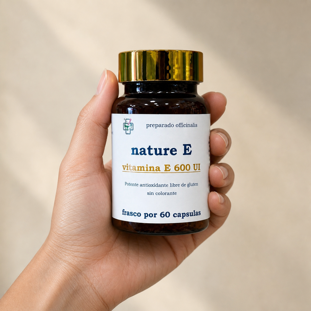 Nature E (vitamina E) 600 UI — el envase sostenido en una mano, para ver su tamaño real