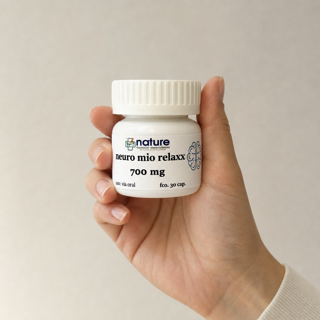 Neuro Mio Relaxx — el envase sostenido en una mano, para ver su tamaño real