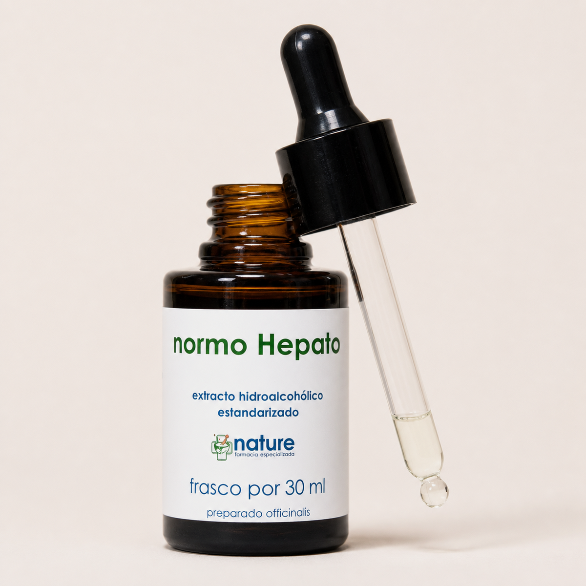 Normo hepato gotas Fco.30ml — el envase abierto, con el gotero apoyado