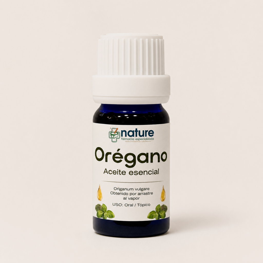 Orégano – Aceite esencial de Origanum vulgare — el envase sobre fondo claro
