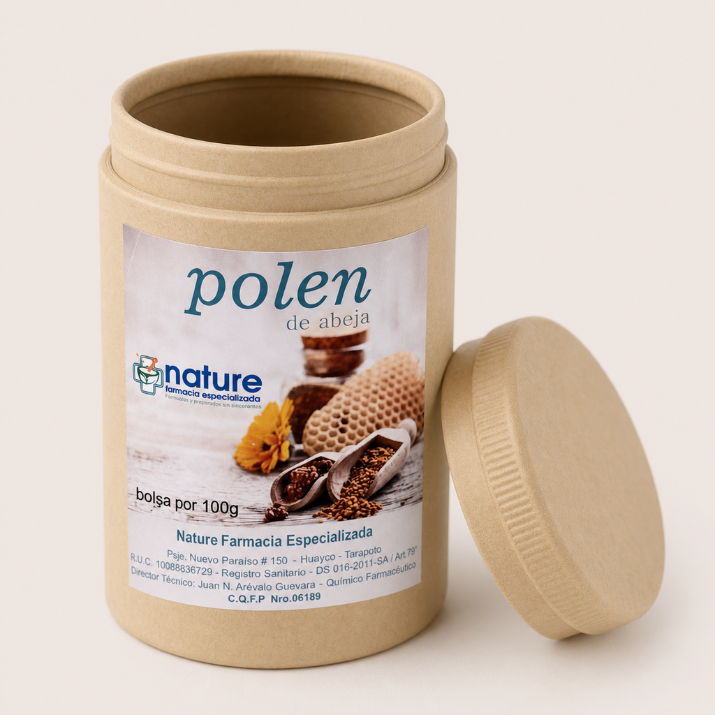 Polen de abeja — el envase abierto, con la tapa al costado