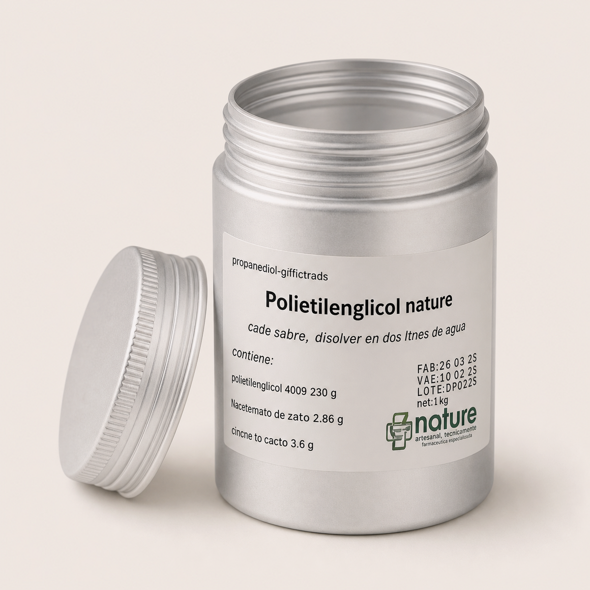 Polietilenglicol Nature — el envase abierto, con la tapa al costado