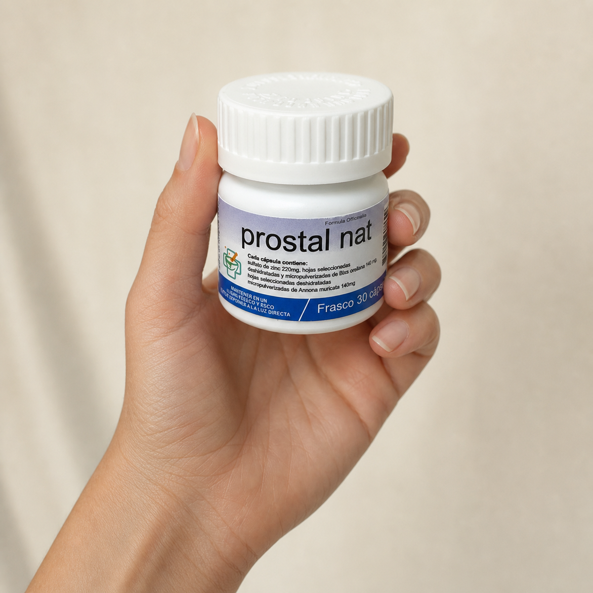 Prostal Nat — el envase sostenido en una mano, para ver su tamaño real