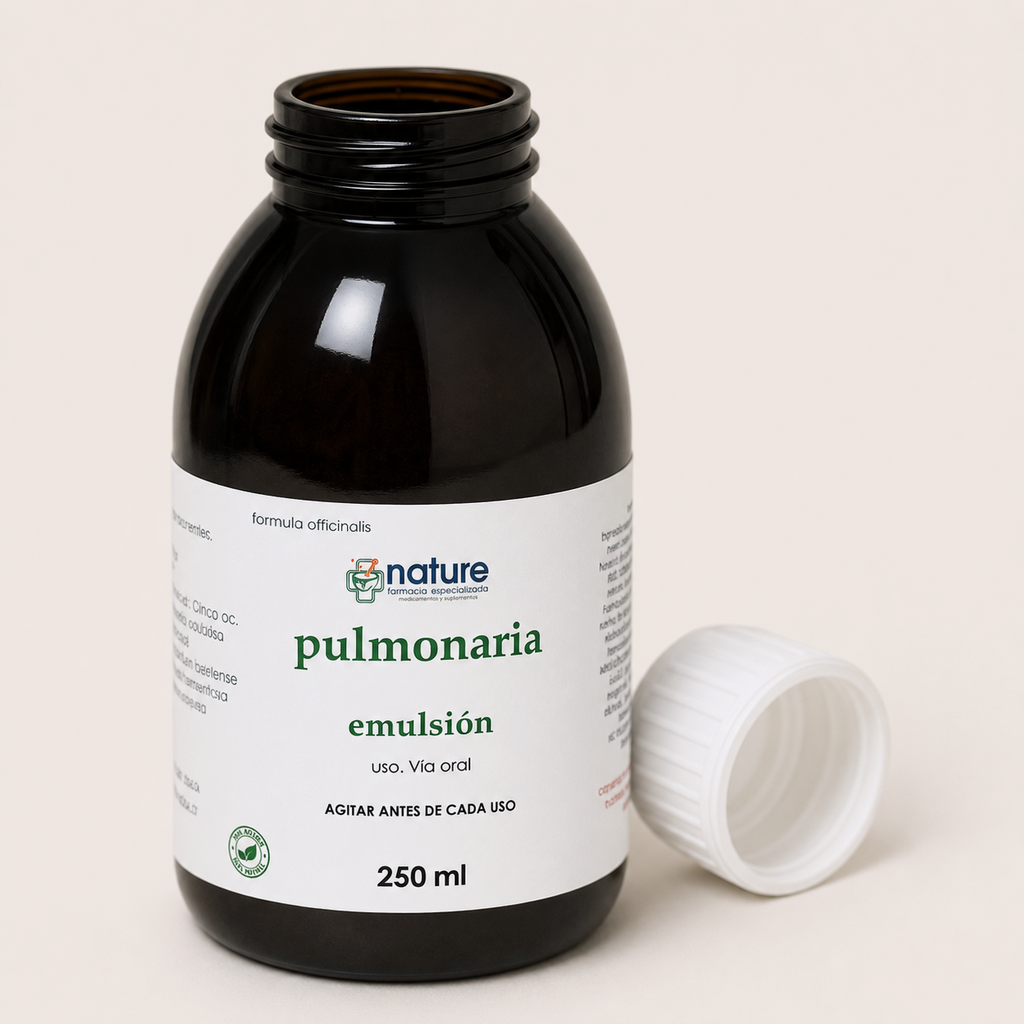 Pulmonaria – Emulsión oral — el envase abierto, con la tapa al costado