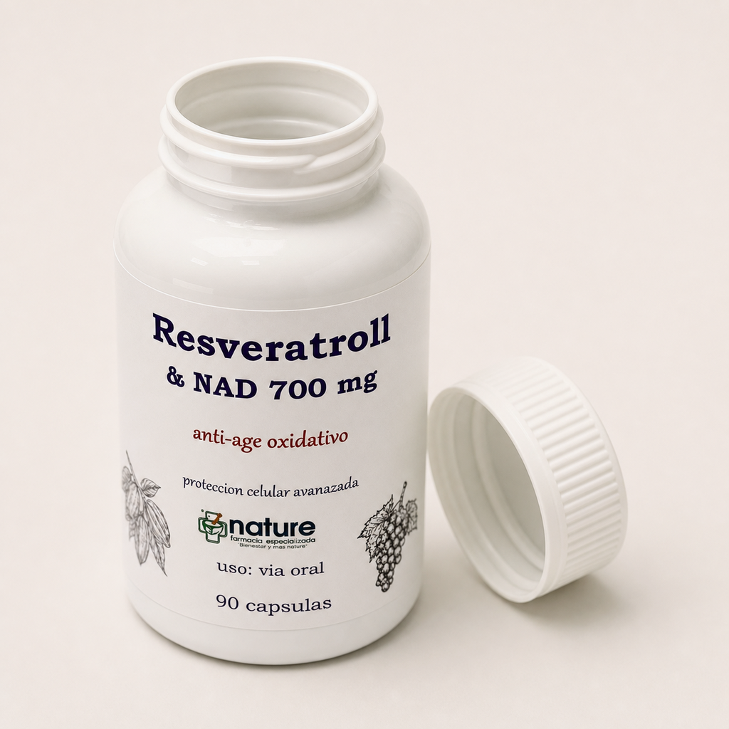 Resveratroll con NAD 700 mg — el envase abierto, con la tapa al costado