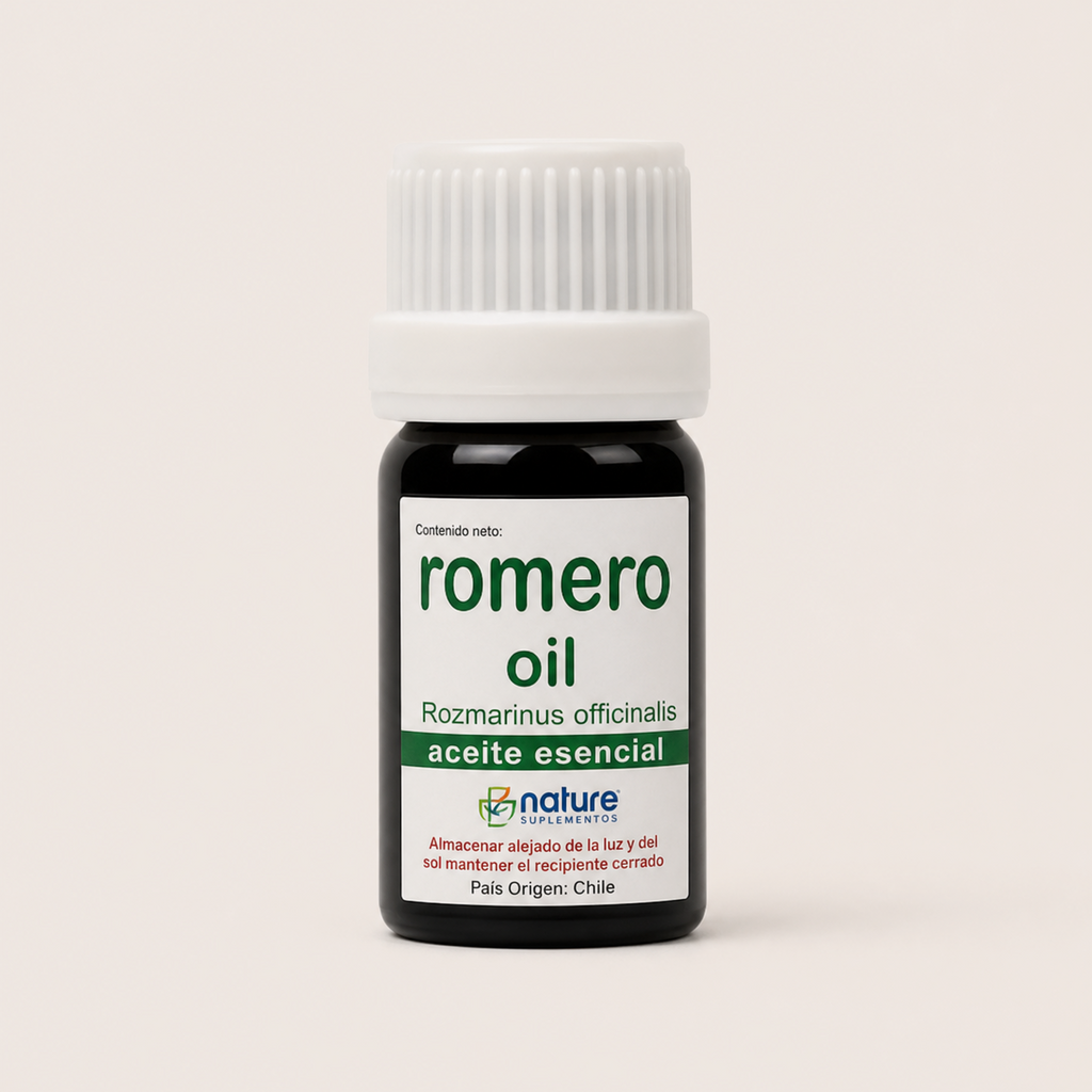 Romero Oil (aceite esencial) — el envase sobre fondo claro