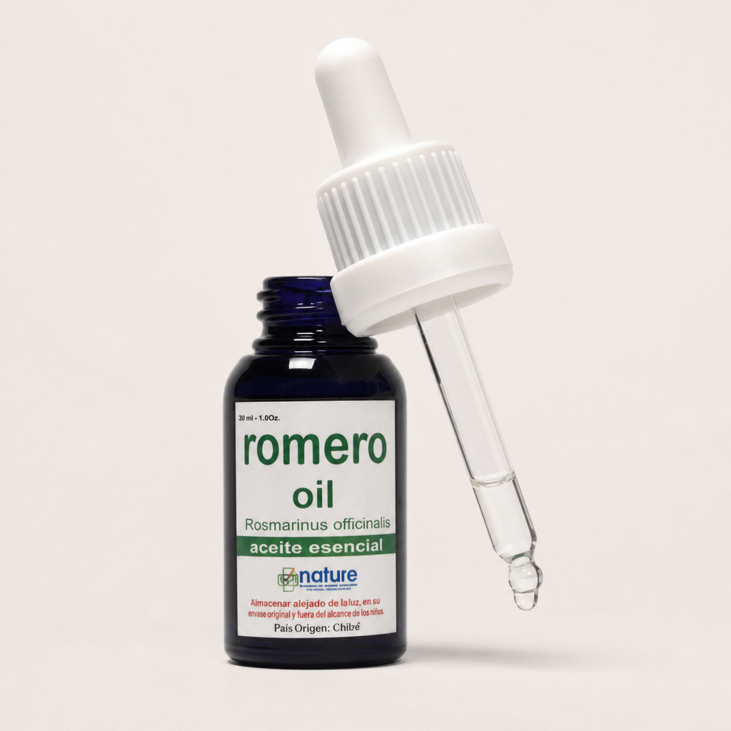 Romero Oil (aceite esencial) — el envase abierto, con el gotero apoyado