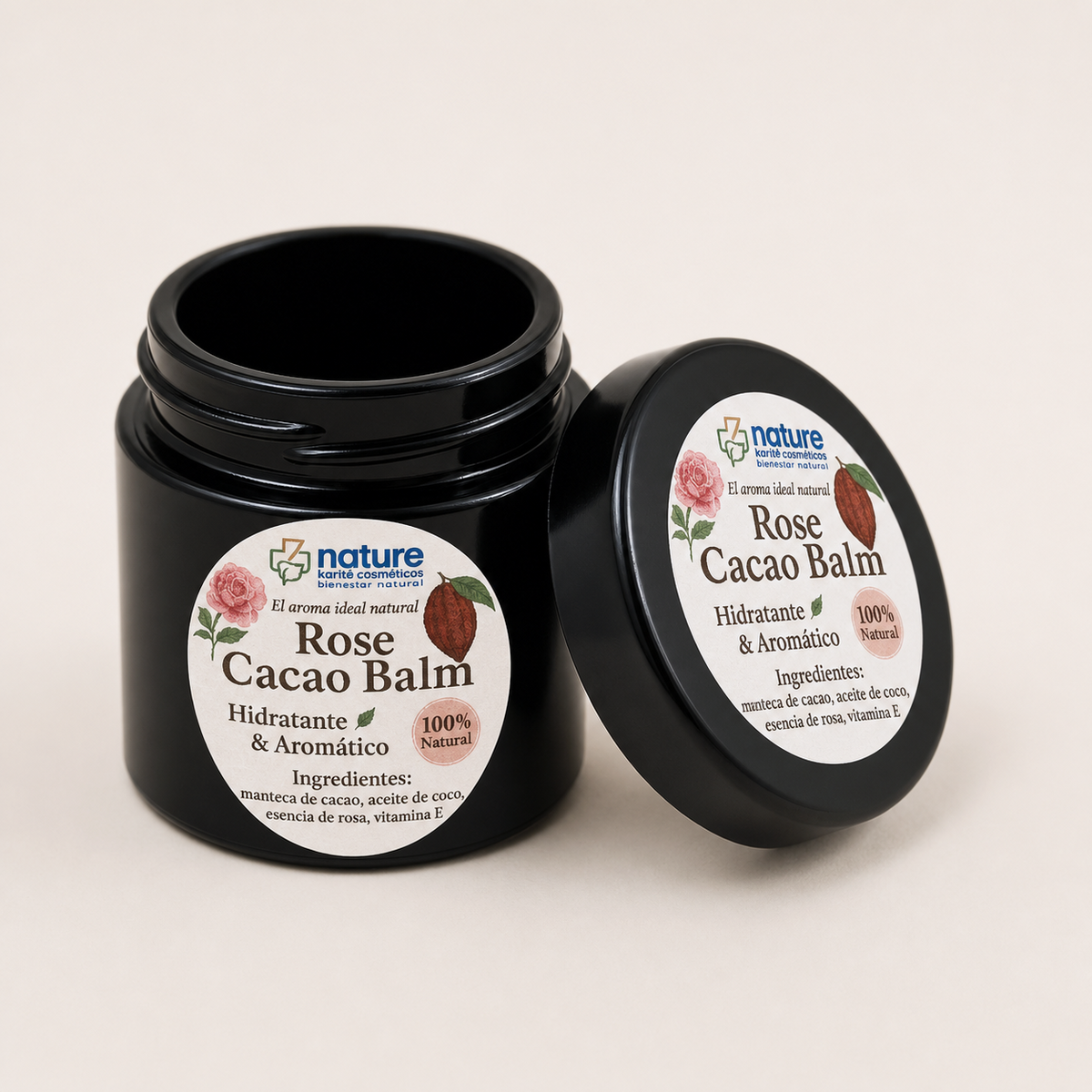 Rose Cacao Balm — el envase abierto, con la tapa al costado