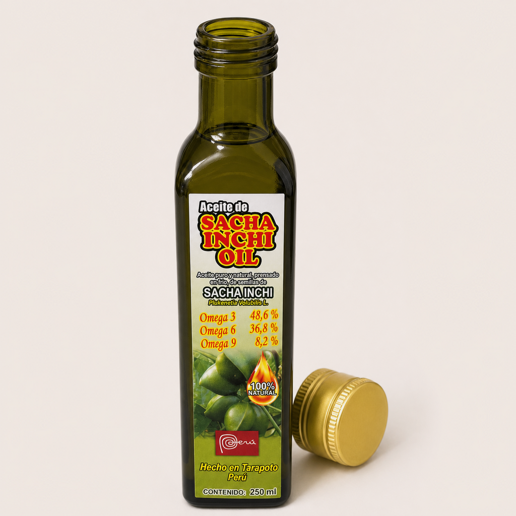Sacha Inchi Oil (250 ml) — el envase abierto, con la tapa al costado
