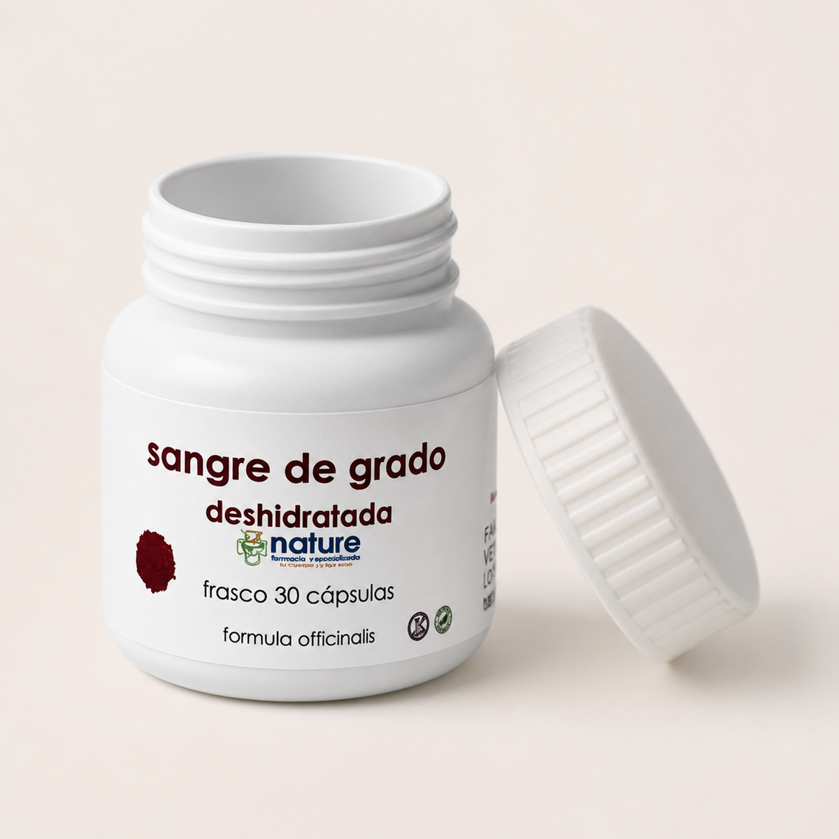 Sangre de Grado deshidratada — el envase abierto, con la tapa al costado