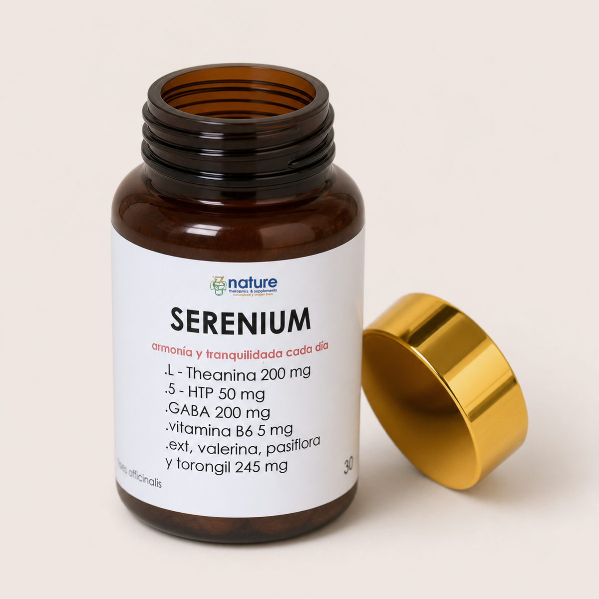 Serenium – Armonía y tranquilidad cada día — el envase abierto, con la tapa al costado