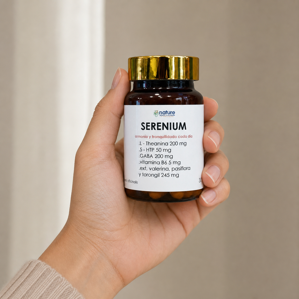 Serenium – Armonía y tranquilidad cada día — el envase sostenido en una mano, para ver su tamaño real