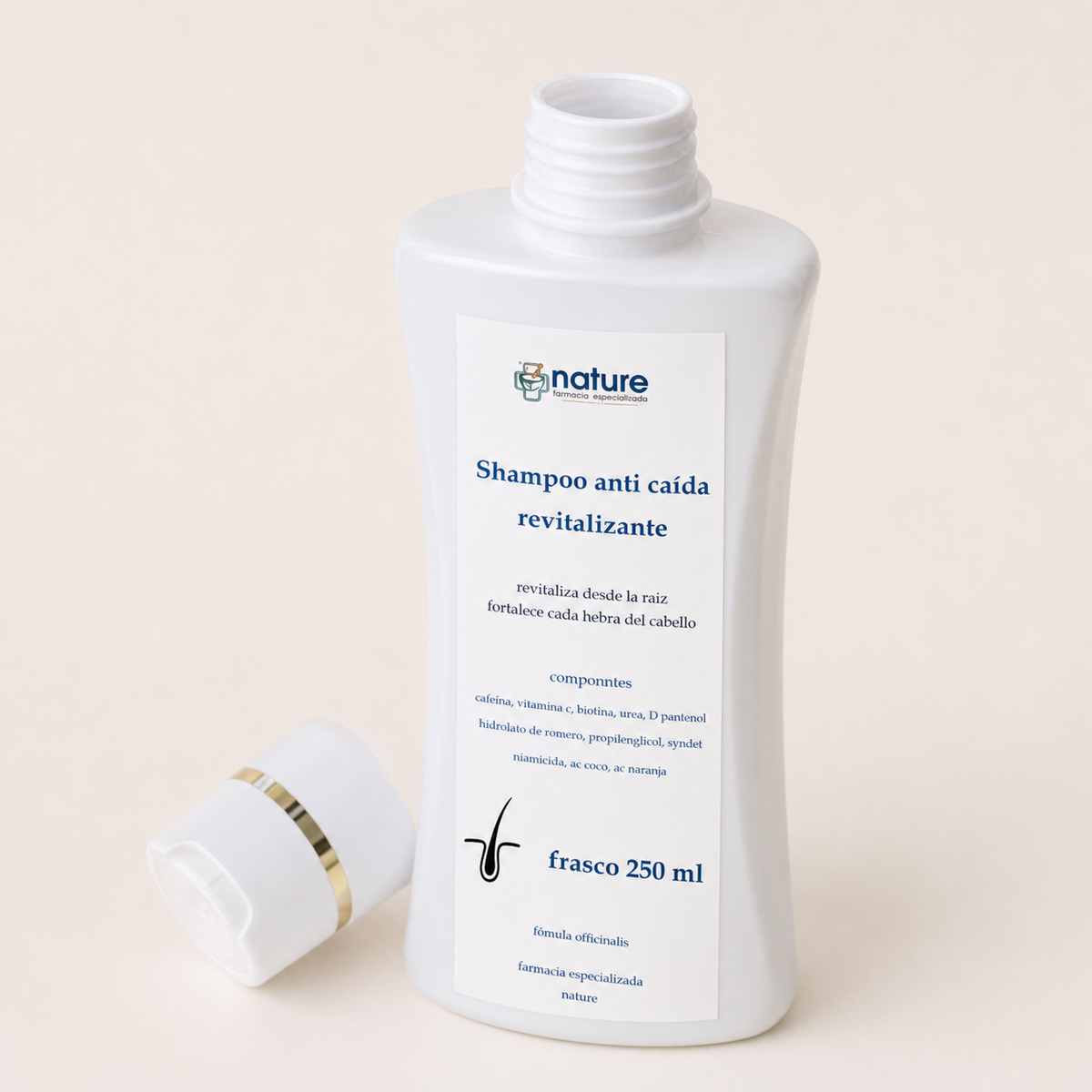 Shampoo Anticaída Revitalizante — el envase abierto, con la tapa al costado
