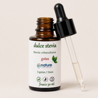 Stevia Liquida — el envase abierto, con el gotero apoyado