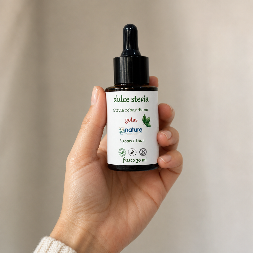 Stevia Liquida — el envase sostenido en una mano, para ver su tamaño real