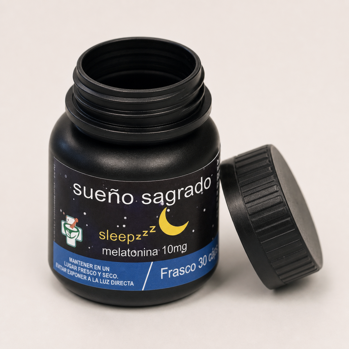Sueño Sagrado — el envase abierto, con la tapa al costado