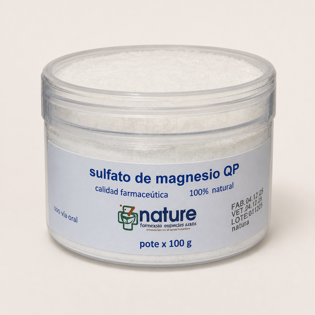 Sulfato de magnesio QP 100 g — el envase sobre fondo claro